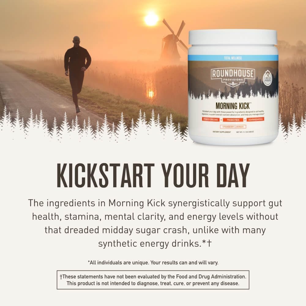 Roundhouse Provisions Morning Kick Superfood Powder – Greens with Ashwagandha, Collagen & Probiotics (9.1 Oz )
