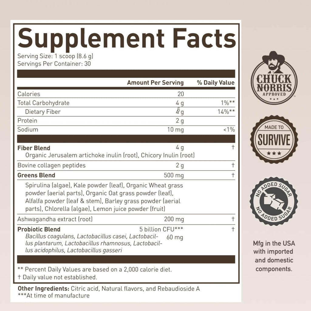 Roundhouse Provisions Morning Kick Superfood Powder – Greens with Ashwagandha, Collagen & Probiotics (9.1 Oz )