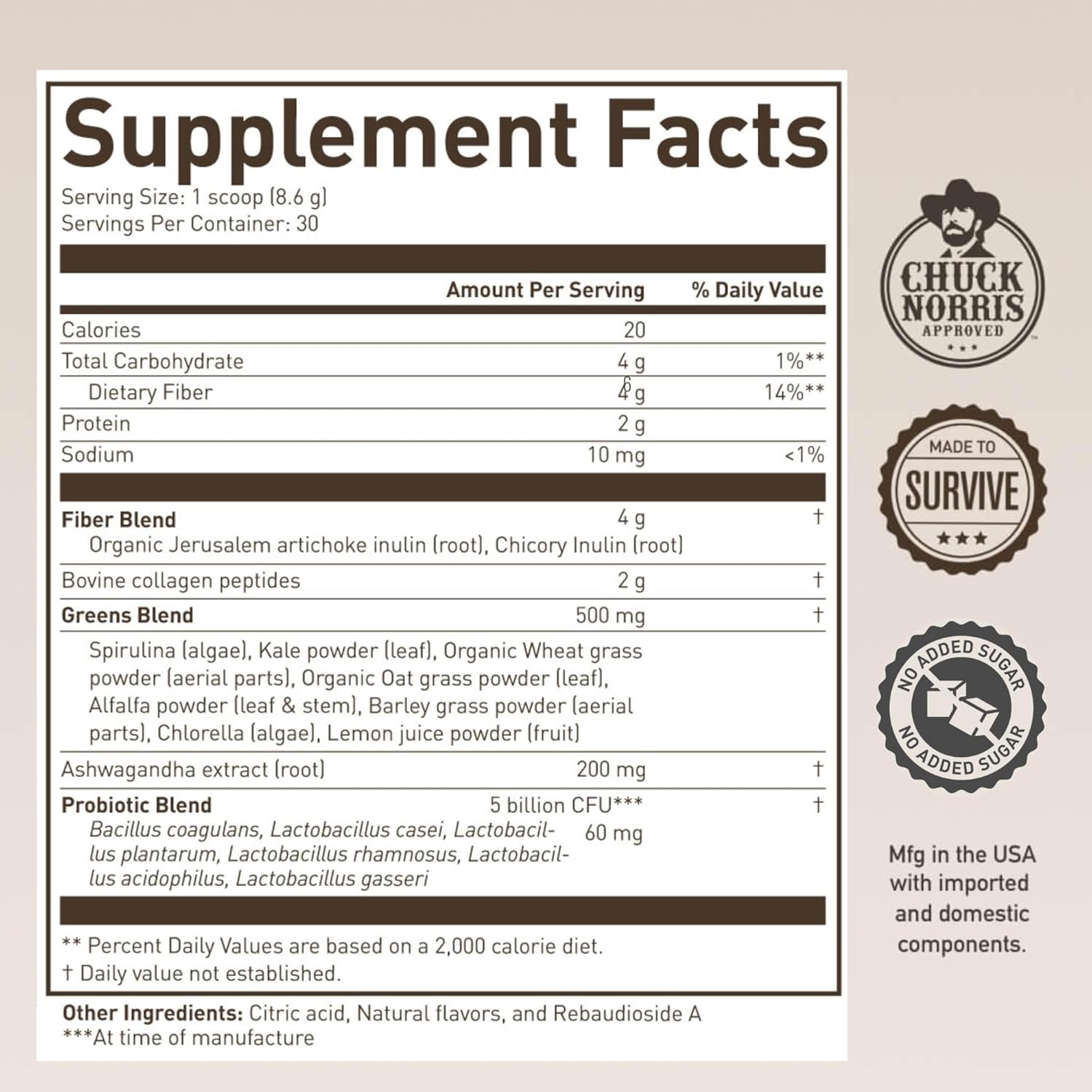 Roundhouse Provisions Morning Kick Superfood Powder – Greens with Ashwagandha, Collagen & Probiotics (9.1 Oz )