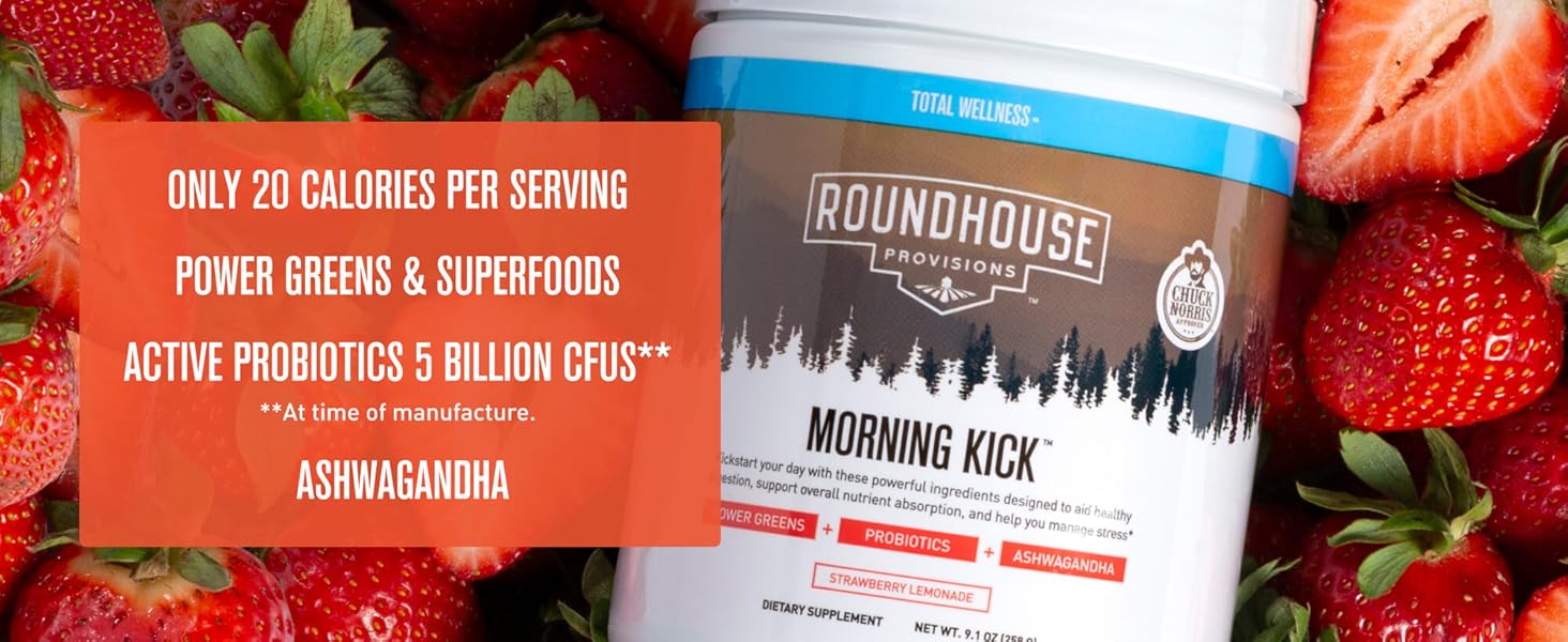 Roundhouse Provisions Morning Kick Superfood Powder – Greens with Ashwagandha, Collagen & Probiotics (9.1 Oz )